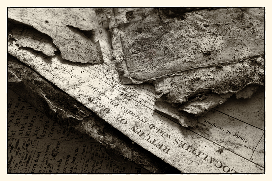 Documents on a table in abandoned Manor House B