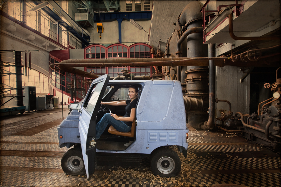 Self portrait in tiny van at ECVB Powerplant, Belgium