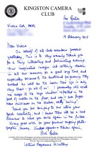 Letter of thanks from Kingston Camera Club