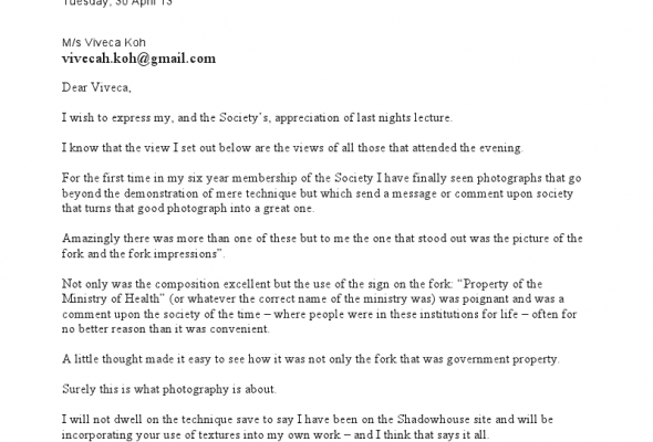 Lovely Letter of Thanks from Potters Bar Photographic Society