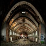 The stage in the hall, with street art, derelict Hellingly Asylum, West Sussex