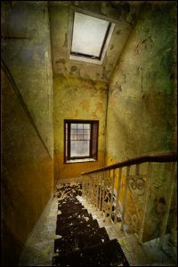 Staircase with roof skylight, texture overlay, derelict asylum, UK