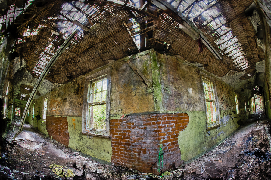 Pale green corridor intersection, with windows, derelict Hellingly Asylum, West Sussex