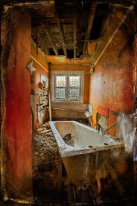 Bath in orange bathroom, texture overlay,derelict house in Streatham, South London, UK