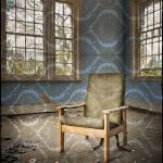 Chair and shoes, with wallpaper texture overlay, derelict Hellingly Asylum, West Sussex