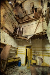 Collapsed floors, kitchen, derelict Manor House 'B', Norfolk, UK