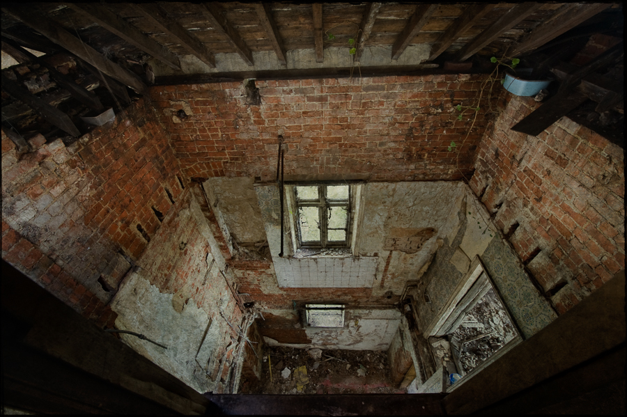 Collapsed floors, derelict Manor House 'B', Norfolk, UK