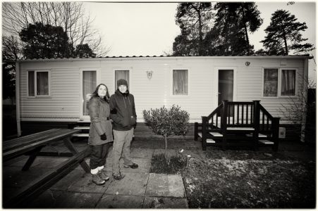 Mark and I next to the caravan at Sandy Balls, New Forest