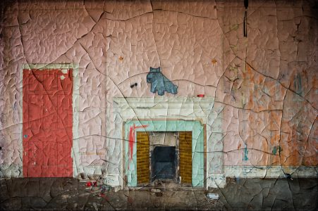 Room in derelict Hellingly Asylum, West Sussex. Cracked paint texture overlay, dog painting on mantelpiece by Luke da Duke