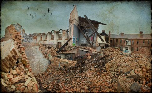 The demolished hall, derelict Hellingly Asylum, West Sussex, UK