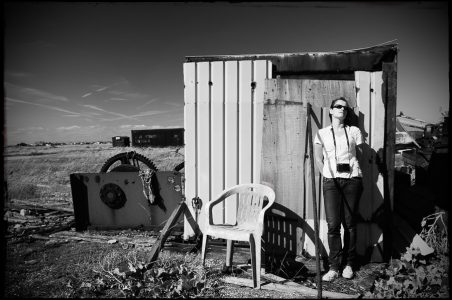 Self Portrait, Dungeness, Kent, UK. Black and white/monochrome