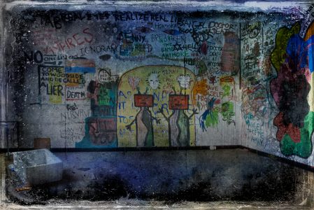 Strange grafitti, derelict Hellingly Asylum, West Sussex, UK