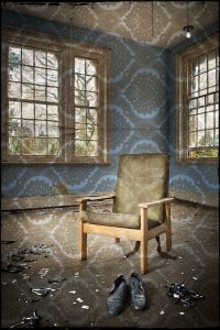 Chair and shoes, with wallpaper texture overlay, derelict Hellingly Asylum, West Sussex