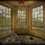Commode chair in bay window, derelict West Park Asylum, Epsom, Surrey